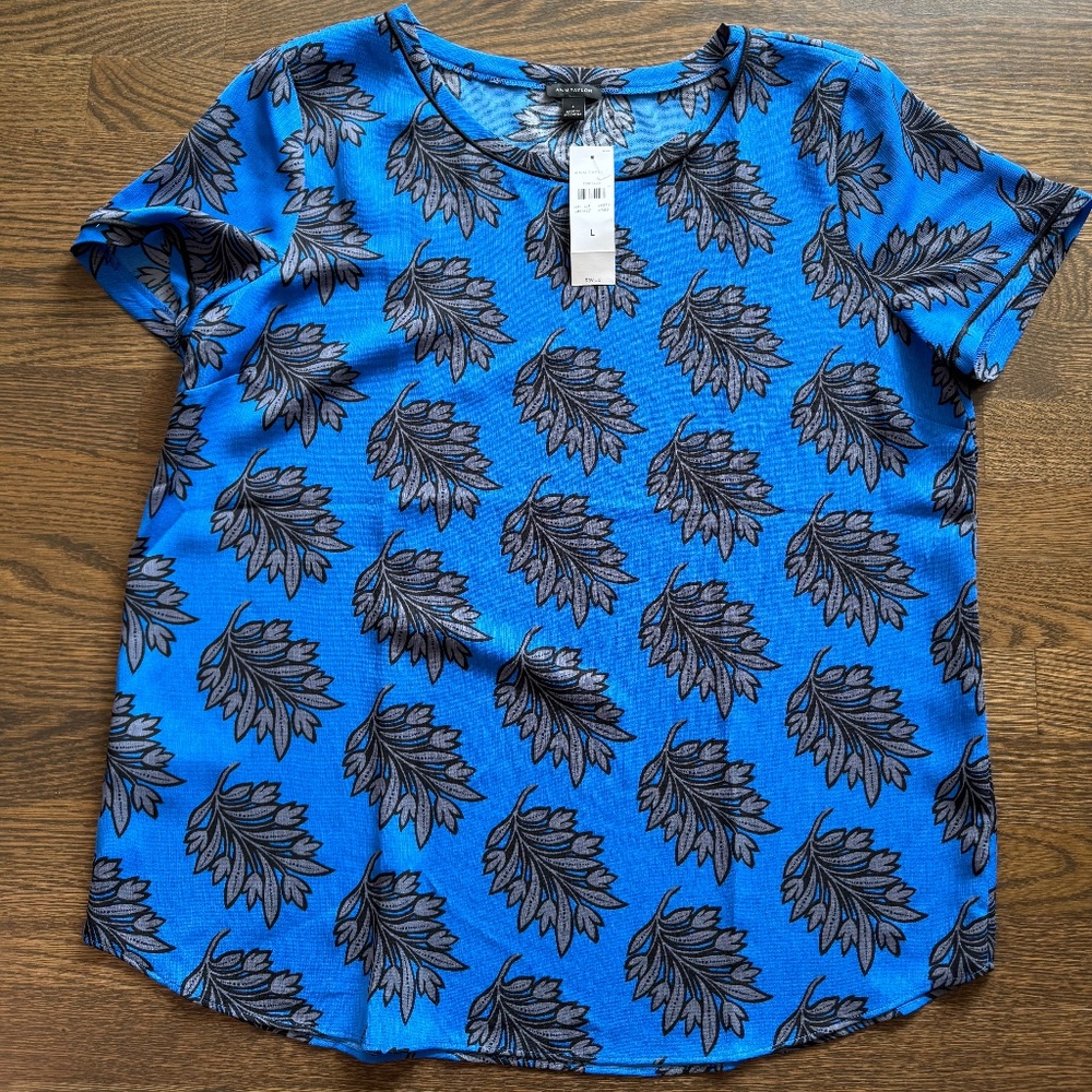 Ann Taylor Vibrant Blue Blouse with Black Leaf Design